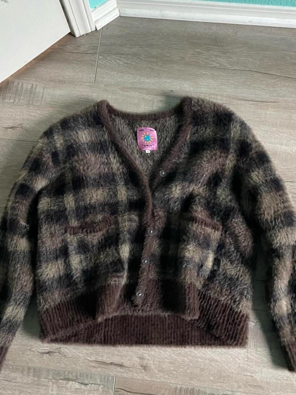 UNIF Brown Plaid Fuzzy Ty Cardigan
